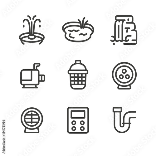 Waterfall Icon Set. Outline icon set of man-made waterfalls: fountain jet, garden pond, rock wall, pump icon, filter system, LED