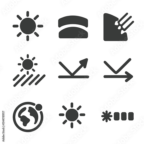 Sunlight Interaction Icons. Solid, filled icons set of sunlight interactions: sun icon, ozone layer,