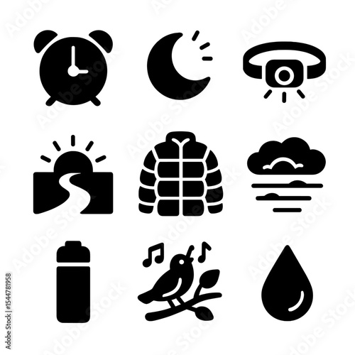 Sunrise Hike Icons. Solid, filled icons set of sunrise hikes: early alarm, moon fade, headlamp icon, sunrise
