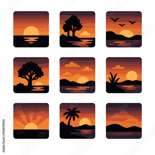 Sunset Landscape Icons. Solid, filled icons set of sunset landscapes: sun near horizon, gradient sky,