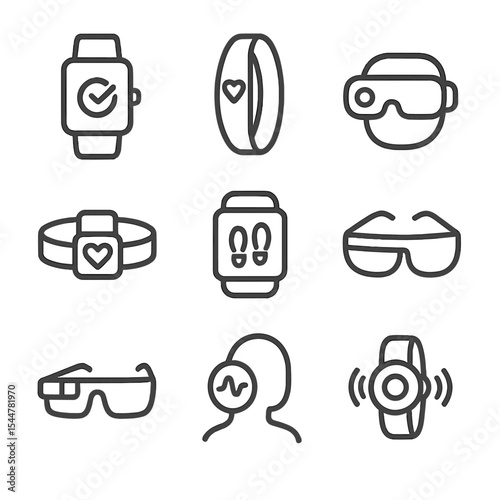 Wearable Tech Icons. Outline icon set of wearable technology: smart watch, fitness band, health sensor, heart rate monitor, step