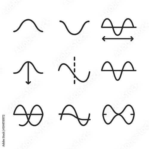 Wave Phase Icon Set. Outline icon set of wave phase concepts: crest, trough, wavelength, amplitude, phase shift, in-phase,