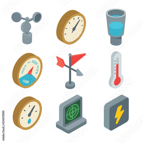 Weather Monitoring Icons. Isometric Flat icon set of weather monitoring equipment: anemometer, barometer gauge, rain gauge, tide