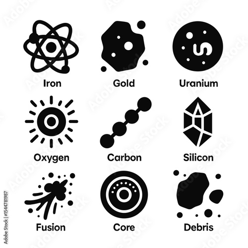 Supernova Element Icons. Solid, filled icons set of cosmic elements formed in supernovae: iron atom, gold