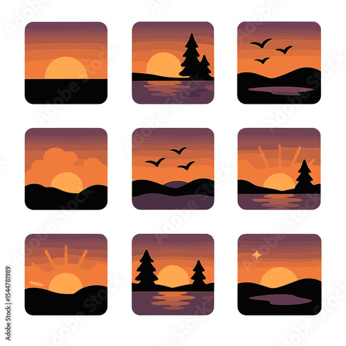 Sunset Landscape Icons. Solid, filled icons set of sunset landscapes: sun near horizon, gradient sky,