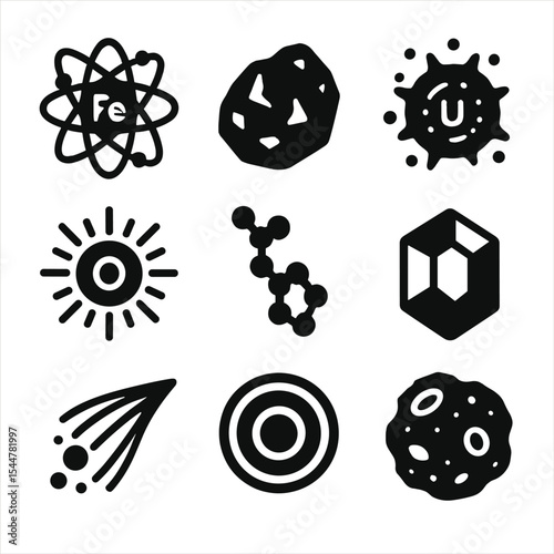 Supernova Element Icons. Solid, filled icons set of cosmic elements formed in supernovae: iron atom, gold