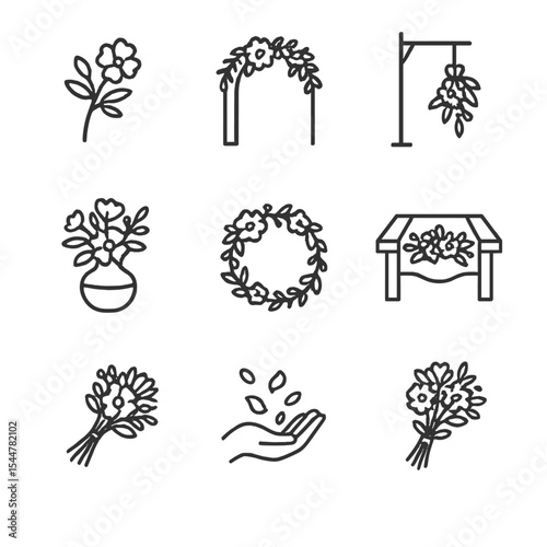 Wedding Floral Icons. Outline icon set of wedding floral decor: boutonnière sprig, garland arch, aisle marker, ceremony backdrop,