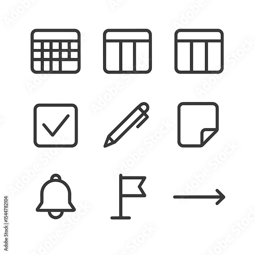 Weekly Planner Icons. Outline icon set of weekly planner overview: weekly calendar sheet, weekend highlight, day columns, checkbox