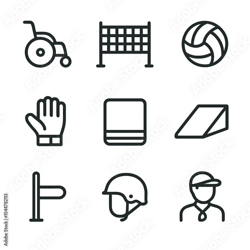 Wheelchair Volleyball Icons. Outline icon set of wheelchair volleyball: sports wheelchair, adapted net, volleyball, player glove,