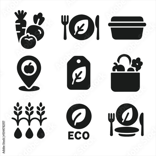 Sustainable Food Icons. Solid, filled icons set of sustainable food choices: organic vegetables, plant-based