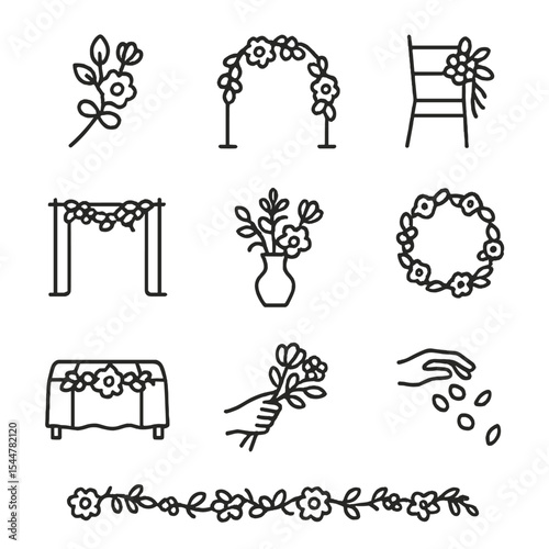 Wedding Floral Icons. Outline icon set of wedding floral decor: boutonnière sprig, garland arch, aisle marker, ceremony backdrop,