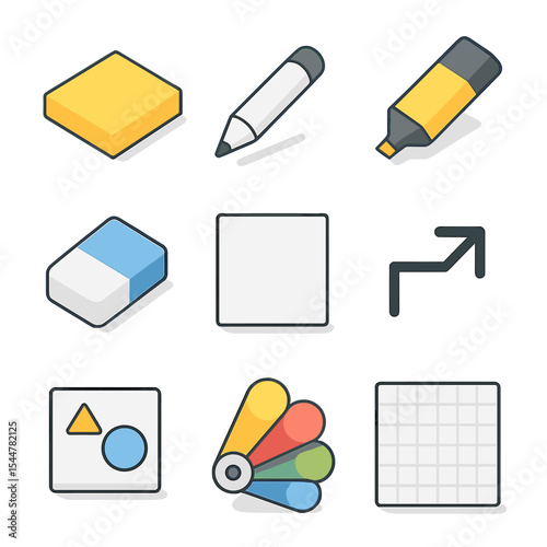 Isometric Whiteboard Icons. Isometric Flat icon set of virtual whiteboarding apps: sticky note pad, drawing pen, highlighter