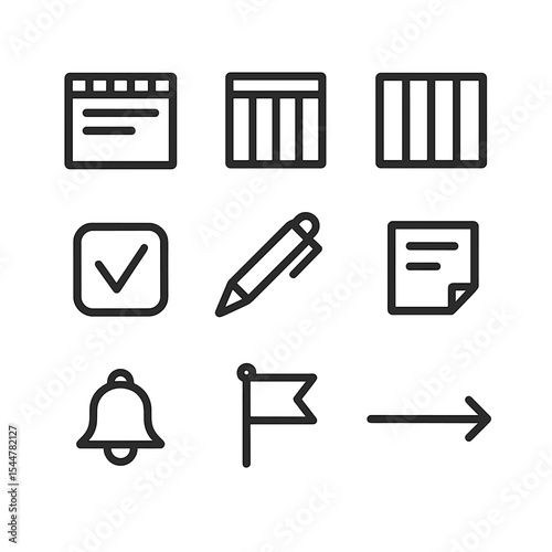 Weekly Planner Icons. Outline icon set of weekly planner overview: weekly calendar sheet, weekend highlight, day columns, checkbox