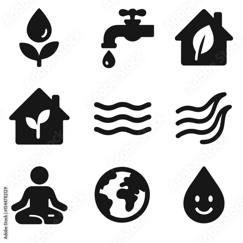 Sustainable Home Icons. Solid, filled icons set of sustainable home and water care: water wise, clean tap,