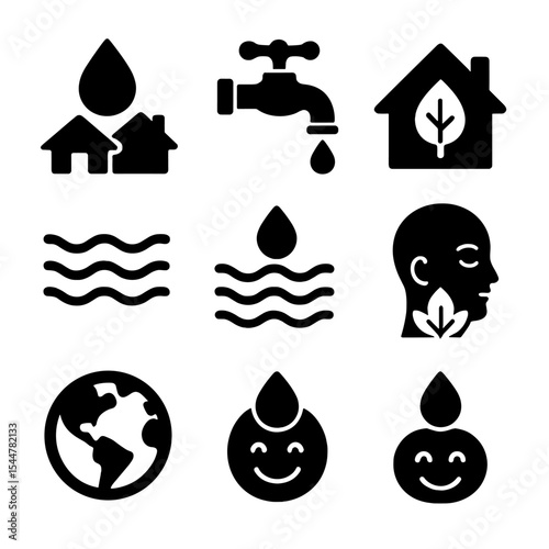 Sustainable Home Icons. Solid, filled icons set of sustainable home and water care: water wise, clean tap,