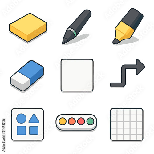 Isometric Whiteboard Icons. Isometric Flat icon set of virtual whiteboarding apps: sticky note pad, drawing pen, highlighter