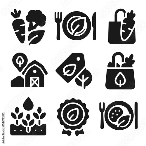 Sustainable Food Icons. Solid, filled icons set of sustainable food choices: organic vegetables, plant-based
