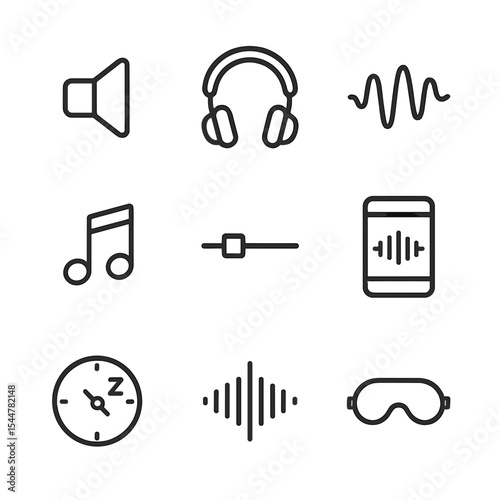 White Noise Icons. Outline icon set of white noise and sound apps: speaker, headphones, white noise wave, music note, volume