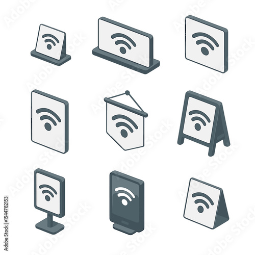 Wi-Fi Signage Icons. Isometric Flat icon set of public area Wi-Fi signage: café table sign, reception desk plaque, window decal,