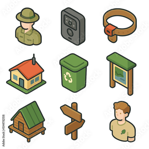 Wildlife Conservation Icons. Isometric Flat icon set of wildlife conservation and research: ranger, camera trap, GPS collar,