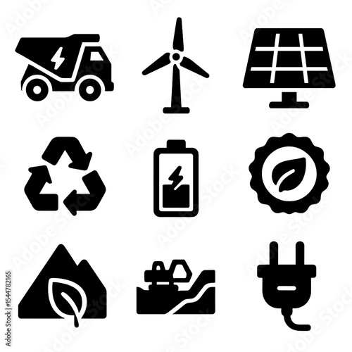 Sustainable Mining Icons. Solid, filled icons set of sustainable mining practices: electric truck, wind