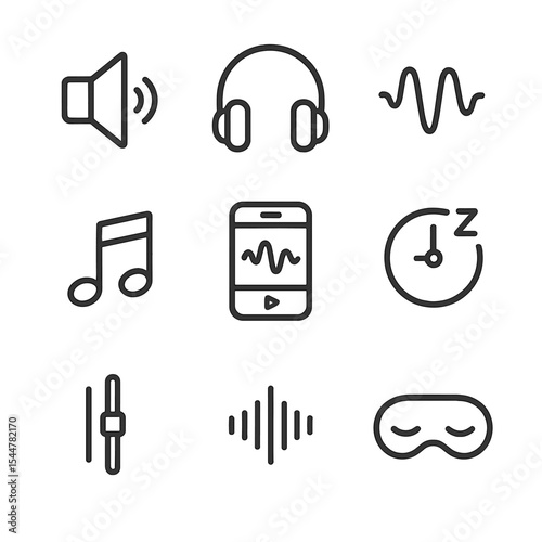 White Noise Icons. Outline icon set of white noise and sound apps: speaker, headphones, white noise wave, music note, volume