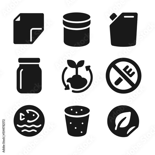 Sustainable Packaging Icons. Solid, filled icons set of sustainable packaging alternatives: paper wrap, tin
