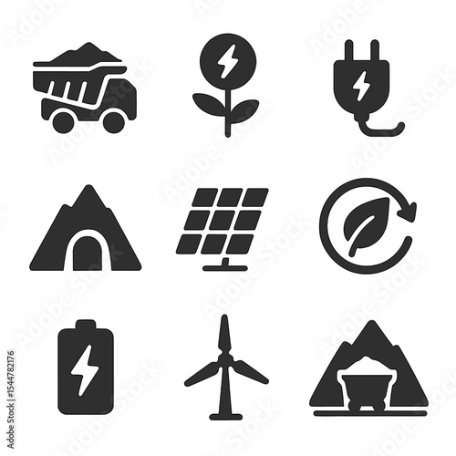 Sustainable Resource Icons. Solid, filled icons set of sustainable resource extraction: mining truck, green