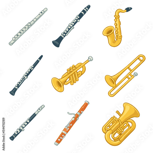 Wind Instruments Icons. Isometric Flat icon set of wind instruments: flute, clarinet, saxophone, oboe, trumpet, trombone, piccolo,