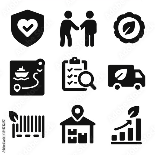 Sustainable Supply Icons. Solid, filled icons set of sustainable supply chains: ethical sourcing badge, fair