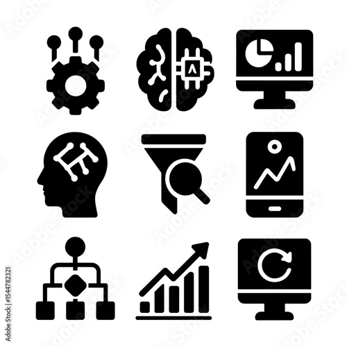 Tech Innovation Icons. Solid, filled icons set of tech innovations in gig growth: automation gear, AI match,