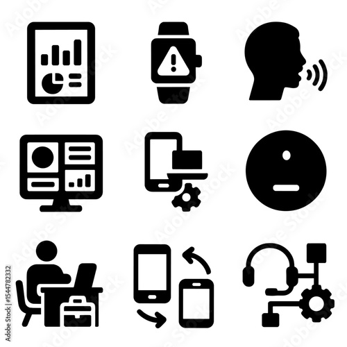 Tech Multitasking Icons. Solid, filled icons set of multitasking with technology: tablet with charts,
