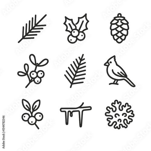 Winter Icon Collection. Outline icon set of winter flora and fauna: evergreen branch, holly berry, pinecone, mistletoe sprig,