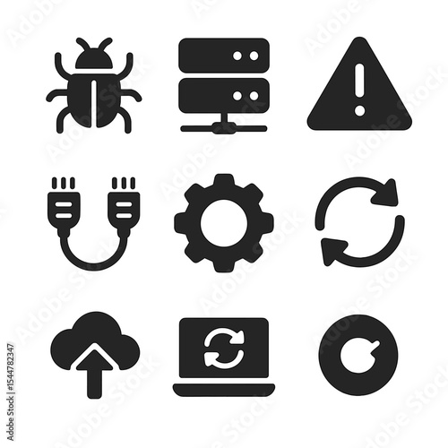 Tech Support Icons. Solid, filled icons set of IT helpdesk and tech support: bug report, server icon, command