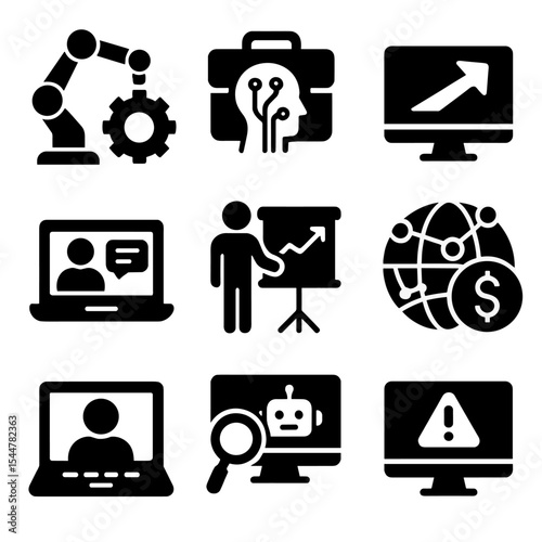 Technological Impact Icons. Solid, filled icons set of technological impact: automation icon, AI jobs, digital