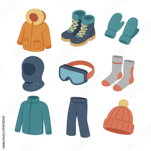 Winter Gear Icons. Isometric Flat icon set of winter clothing and gear: parka, snow boots, mittens, balaclava, snow goggles,