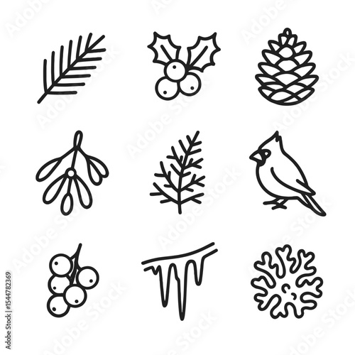 Winter Icon Collection. Outline icon set of winter flora and fauna: evergreen branch, holly berry, pinecone, mistletoe sprig,