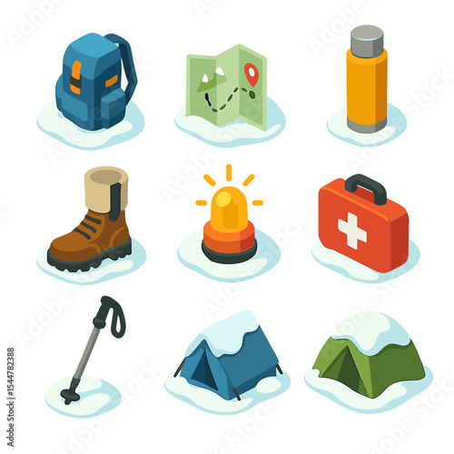 Winter Hiking Icon Set. Isometric Flat icon set of winter hiking route: backpack on snow, trail map, compass marker, thermos