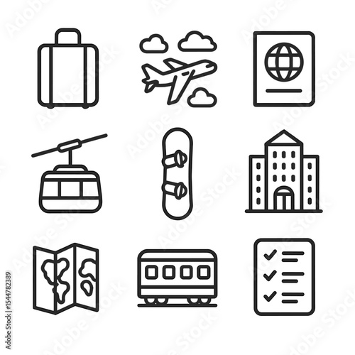 Winter Travel Icons. Outline icon set of winter travel & vacation: suitcase, airplane in sky, passport, ski lift, snowboarding
