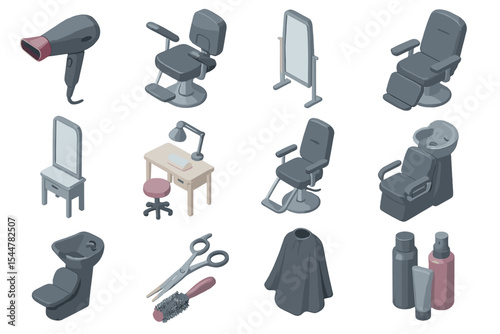 Isometric salon tools and furniture on dark background