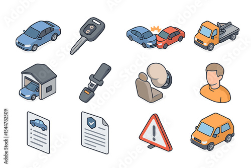Illustrated car insurance concepts including safety, accidents, and vehicles