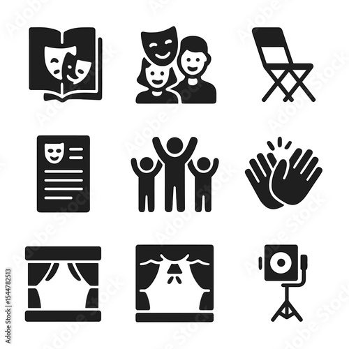 Theater Icon Set. Solid, filled icons set of student and amateur theater: rehearsal book, drama club, folding