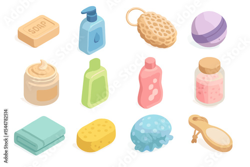 Colorful bath products collection featuring soaps and sponges