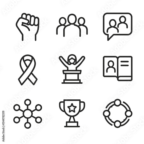Women's Empowerment Icons. Outline icon set of women’s empowerment collectives: raised fist, group silhouette, mentorship chat