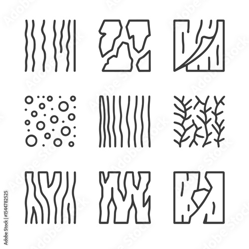 Wood Texture Icons. Outline icon set of bark and natural wood surfaces: oak bark, pine flake, birch peeling, cork pockmark,