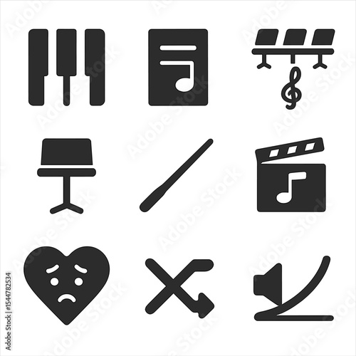 Theatrical Music Icons. Solid, filled icons set of theatrical music integration: piano key, background score,