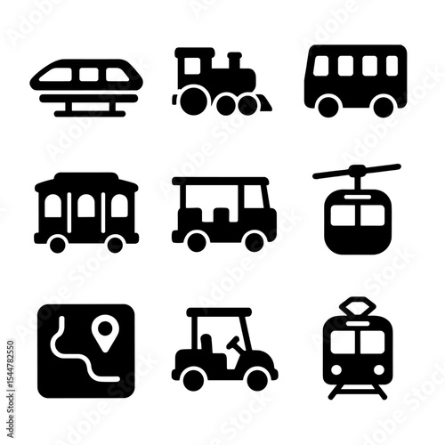 Theme Park Transport Icons. Solid, filled icons set of theme park transportation: monorail icon, park train,