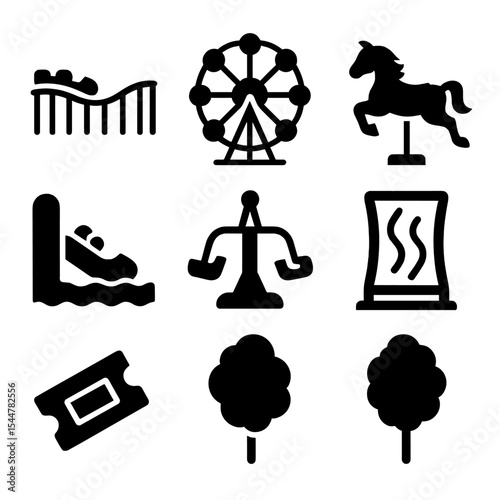 Theme Park Icons. Solid, filled icons set of theme park adventure: roller coaster, Ferris wheel, carousel