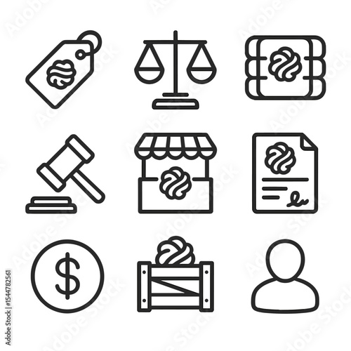 Wool Trade Icon Set. Outline icon set of wool market and trade: price tag, scale balance, wool bale, auction hammer, market stall,