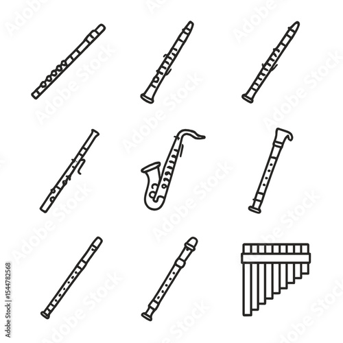 Woodwind Icons Grid. Outline icon set of woodwind instruments: flute, clarinet, oboe, bassoon, saxophone, recorder, piccolo,